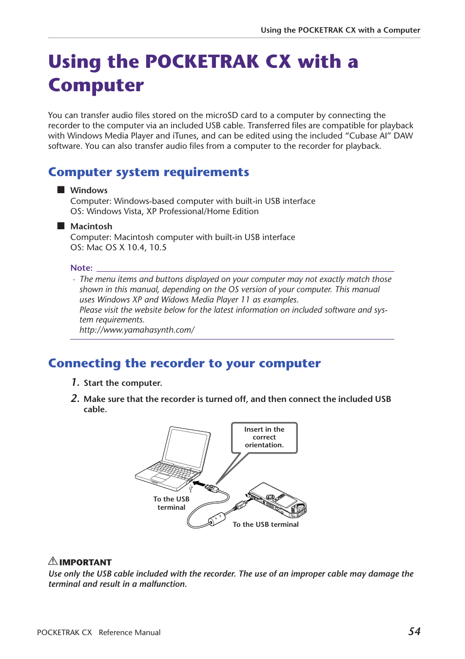 Using the pocketrak cx with a computer, Computer system requirements, Connecting the recorder to your computer | Yamaha Pocket Recorder User Manual | Page 54 / 83