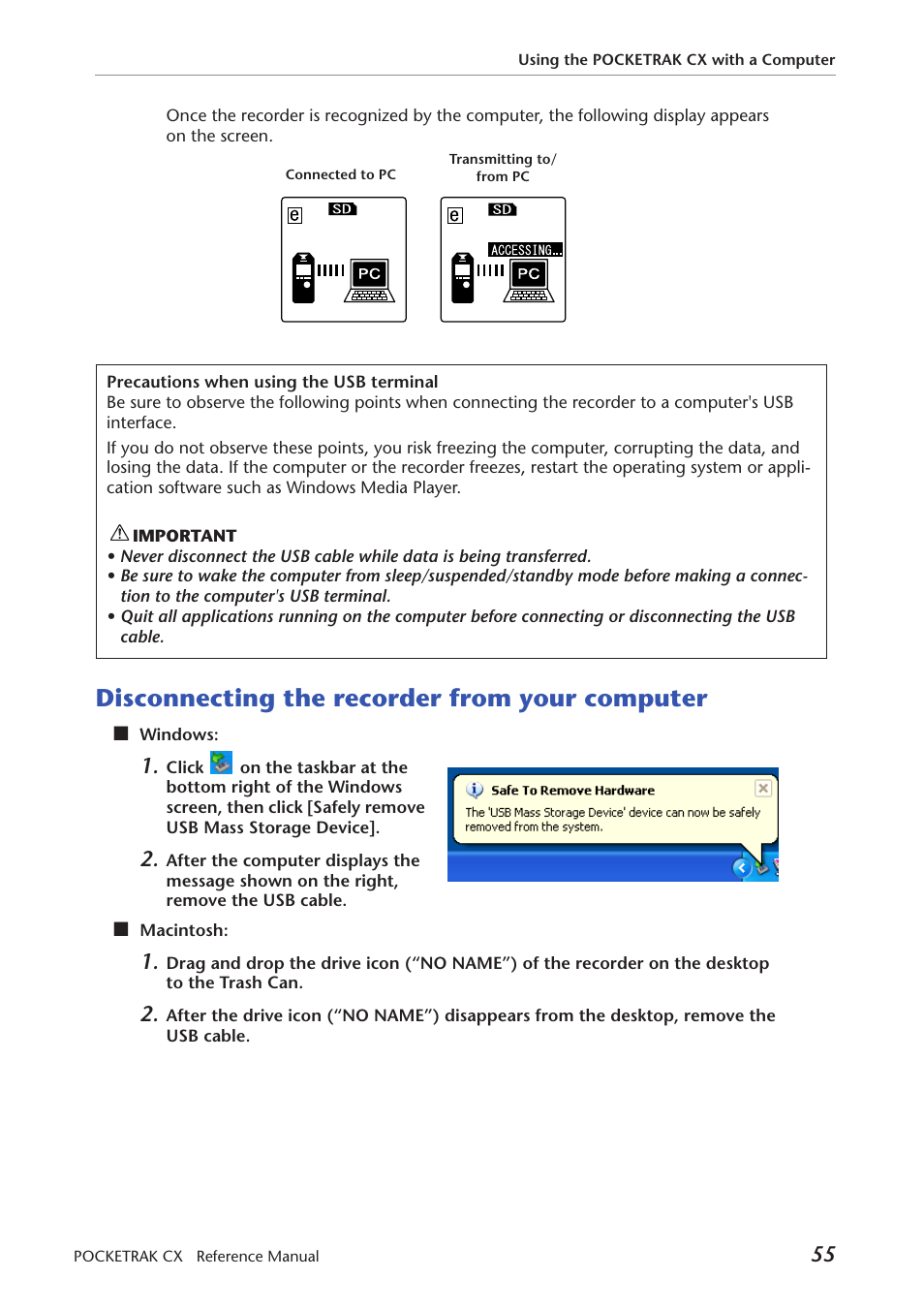 Disconnecting the recorder from your computer, Disconnecting the recorder, From your computer | Yamaha Pocket Recorder User Manual | Page 55 / 83