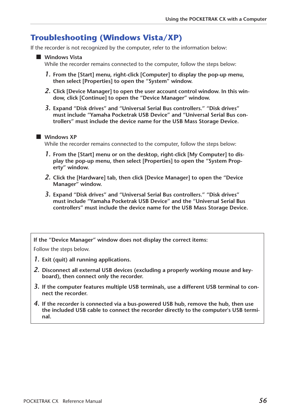 Troubleshooting (windows vista/xp) | Yamaha Pocket Recorder User Manual | Page 56 / 83