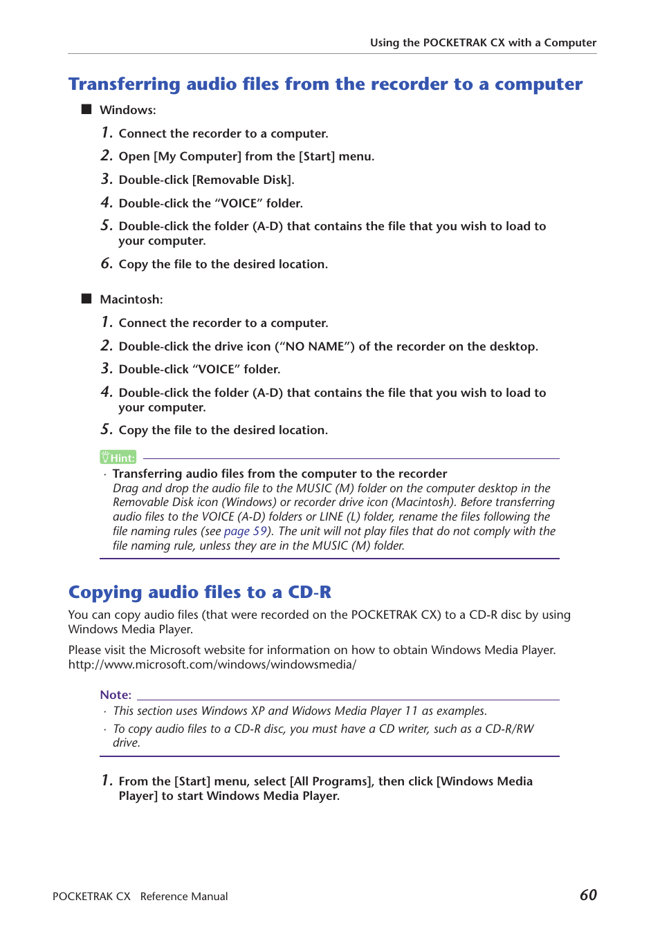 Copying audio files to a cd-r, Transferring audio files from the recorder, To a computer | Yamaha Pocket Recorder User Manual | Page 60 / 83