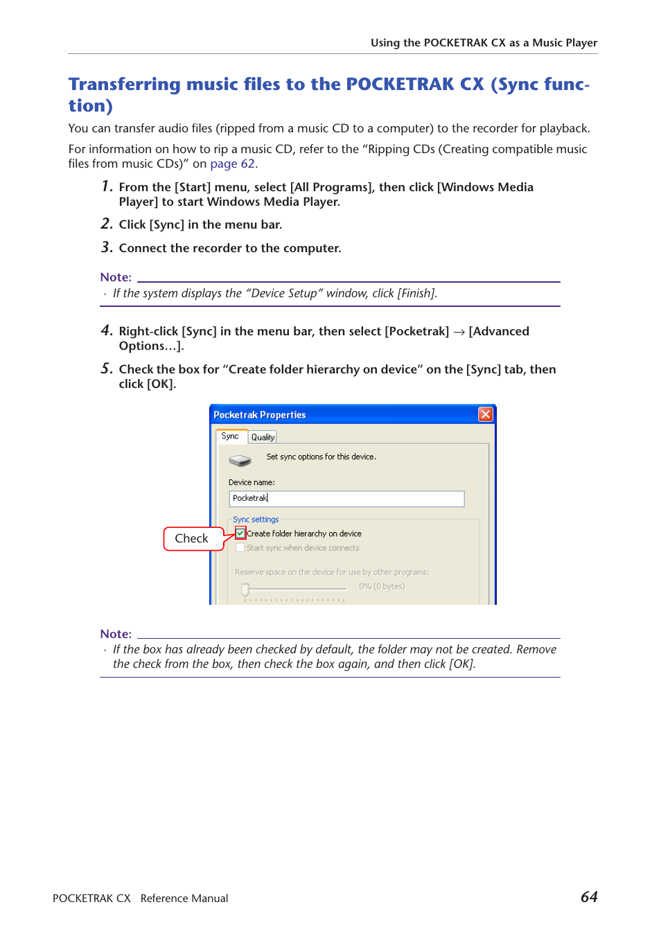 Transferring music files to the pocketrak, Cx (sync function) | Yamaha Pocket Recorder User Manual | Page 64 / 83