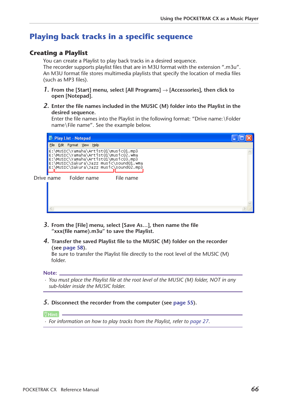 Playing back tracks in a specific sequence, Creating a playlist | Yamaha Pocket Recorder User Manual | Page 66 / 83