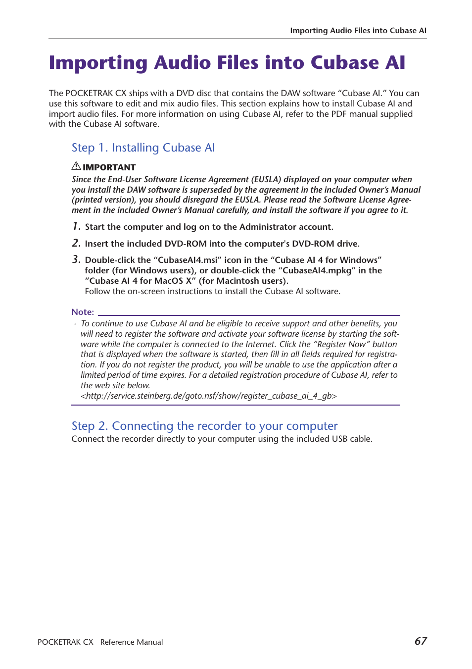 Importing audio files into cubase ai, Step 1. installing cubase ai, Step 2. connecting the recorder to your computer | Yamaha Pocket Recorder User Manual | Page 67 / 83