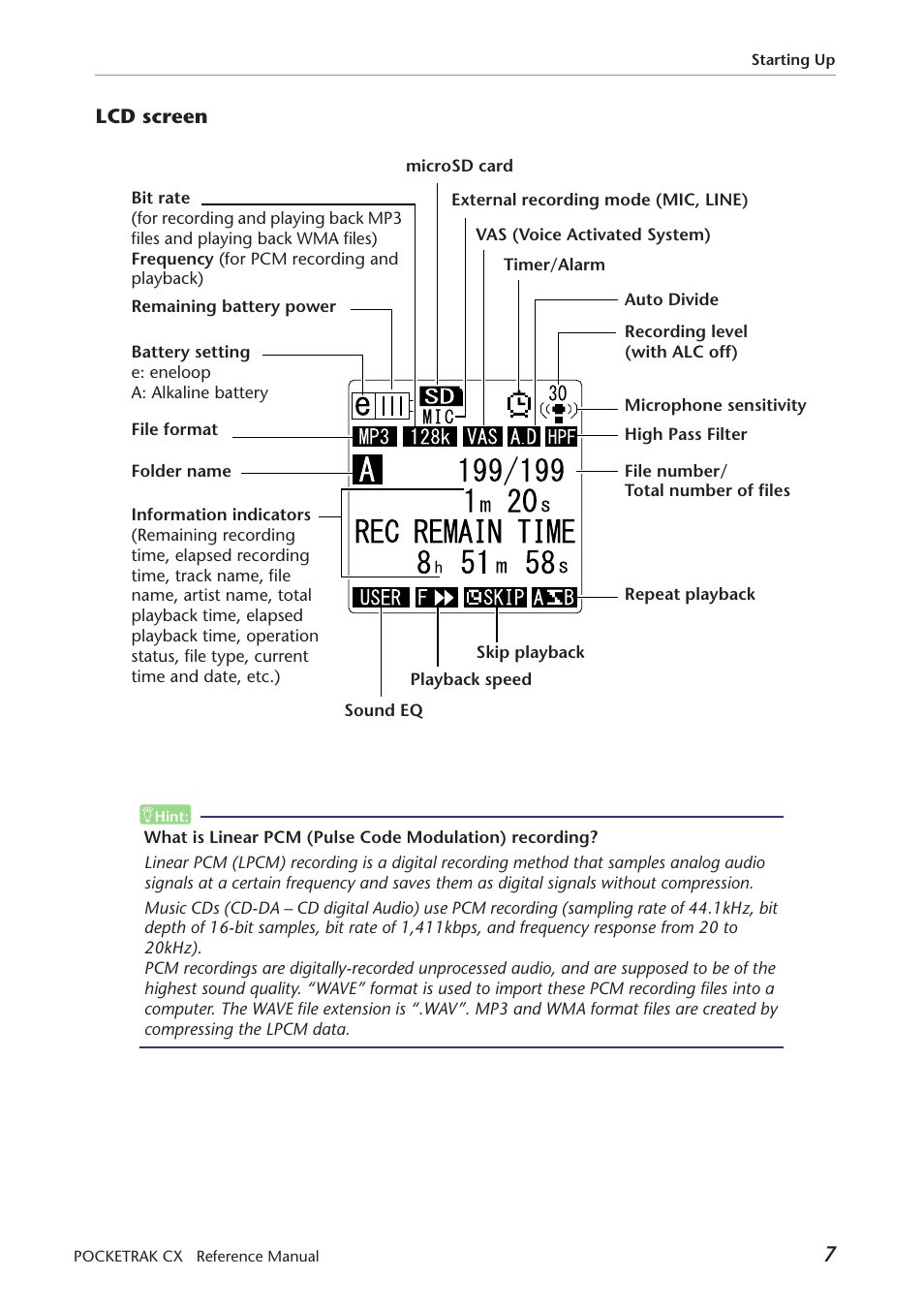 Lcd screen | Yamaha Pocket Recorder User Manual | Page 7 / 83