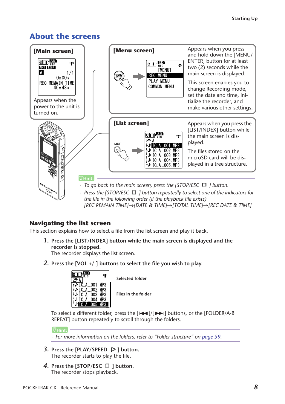 About the screens, Navigating the list screen, Main screen | Menu screen, List screen, Appears when the power to the unit is turned on | Yamaha Pocket Recorder User Manual | Page 8 / 83