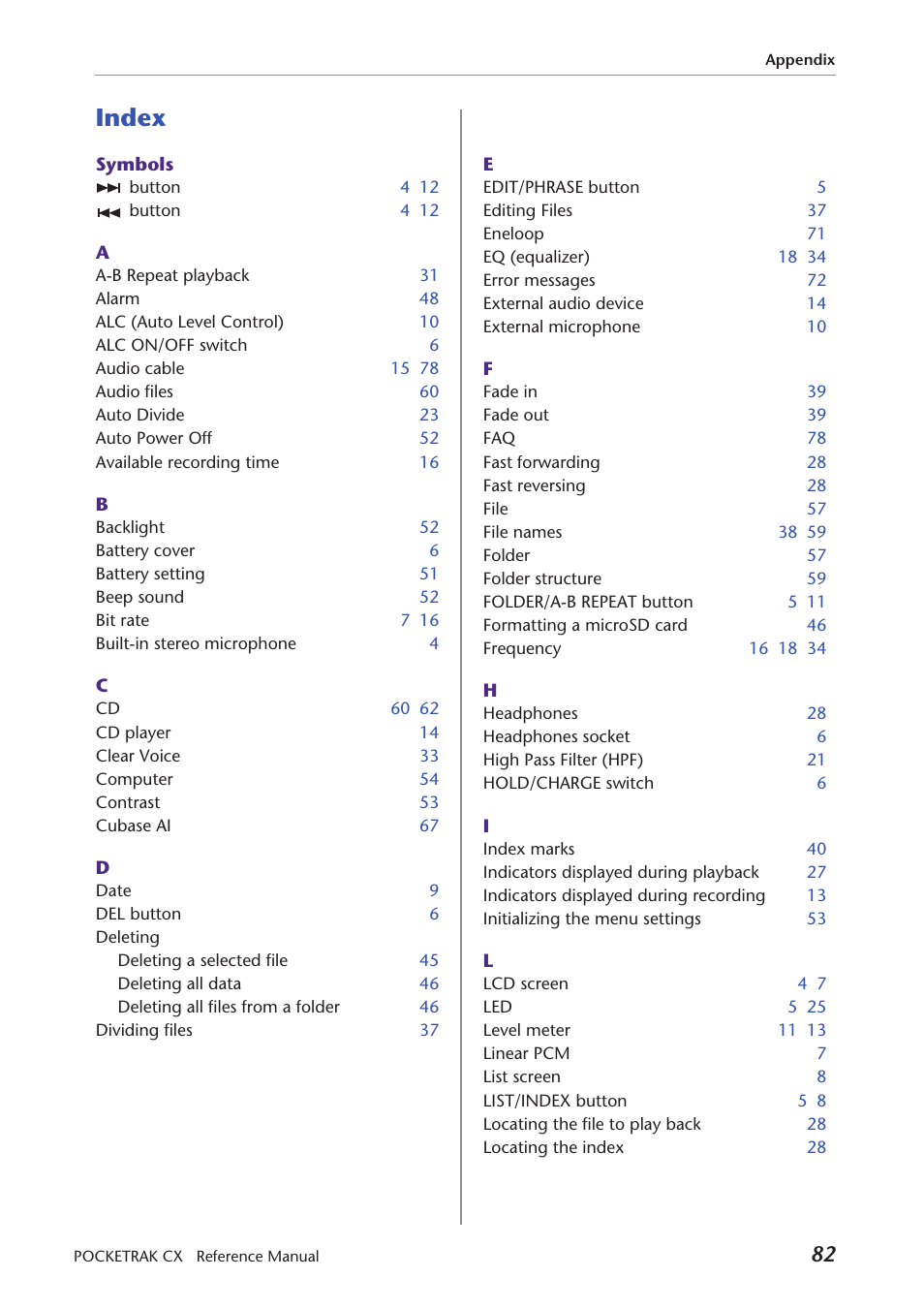 Index | Yamaha Pocket Recorder User Manual | Page 82 / 83