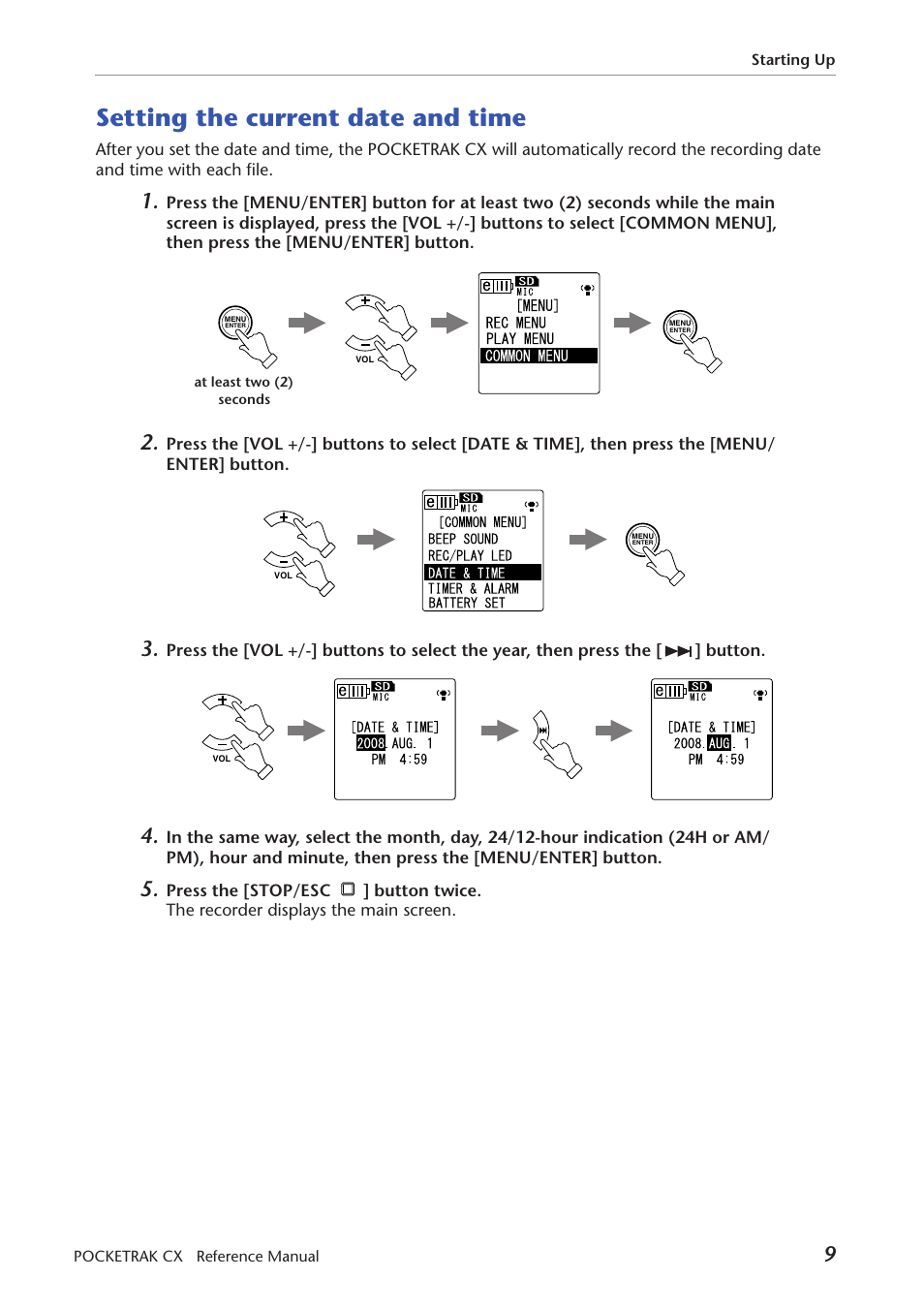 Setting the current date and time | Yamaha Pocket Recorder User Manual | Page 9 / 83