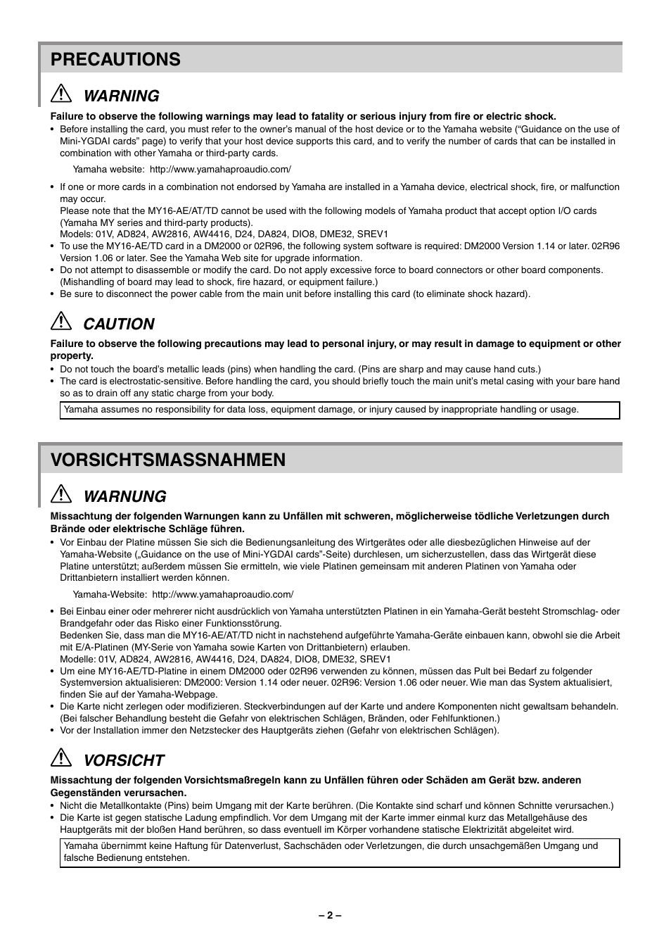 Precautions, Vorsichtsmassnahmen, Warning | Caution, Warnung, Vorsicht | Yamaha MY16-TD User Manual | Page 2 / 6