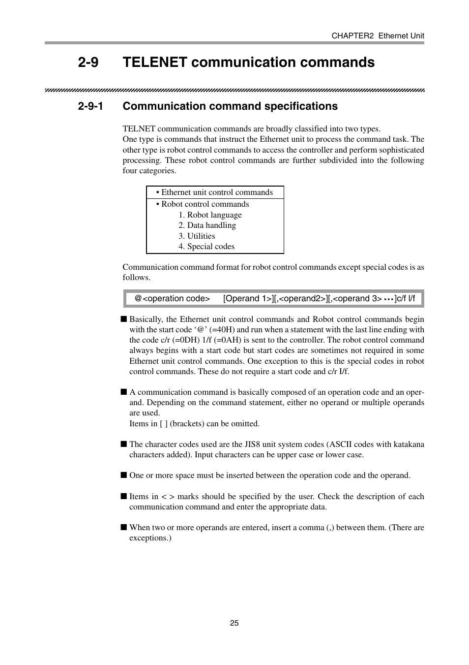 9 telenet communication commands, 9-1 communication command specifications | Yamaha DRCX User Manual | Page 31 / 52