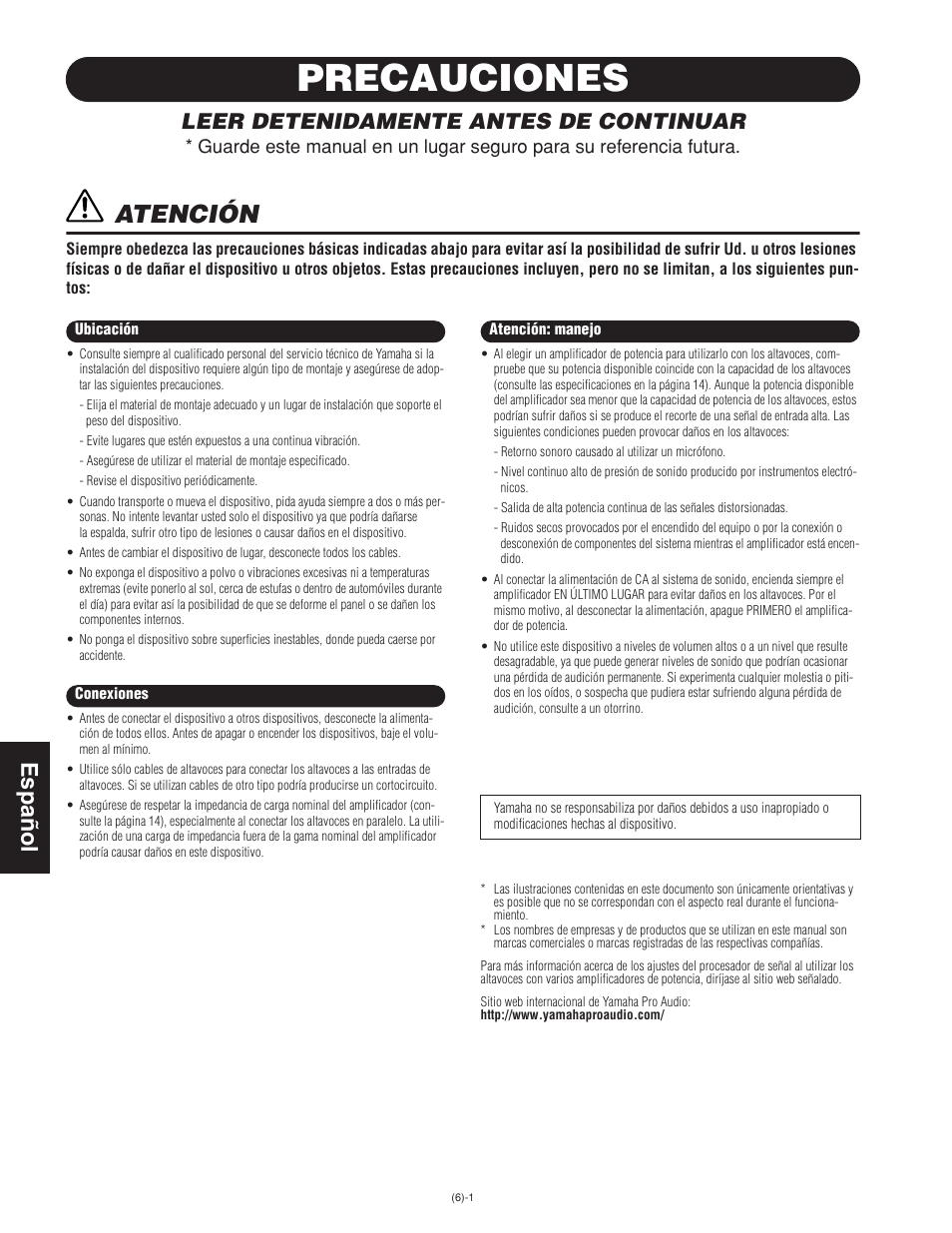 Precauciones, Atención, Espa ñ ol | Leer detenidamente antes de continuar | Yamaha IH2000/95(W) User Manual | Page 2 / 6