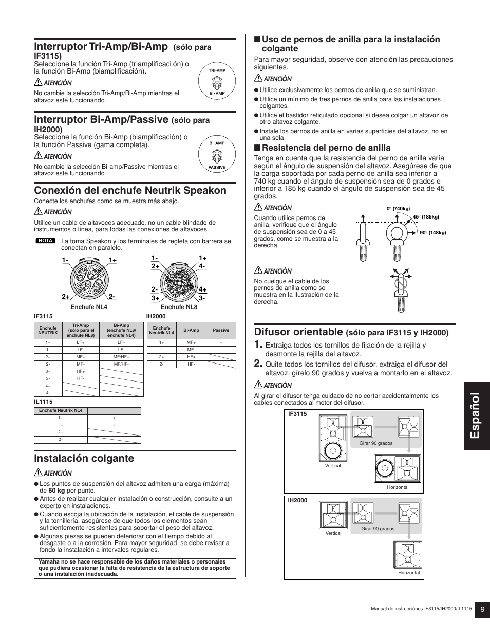 Espa ñ ol, Interruptor tri-amp/bi-amp, Interruptor bi-amp/passive | Conexión del enchufe neutrik speakon, Instalación colgante, Difusor orientable, Resistencia del perno de anilla | Yamaha IH2000/95(W) User Manual | Page 3 / 6