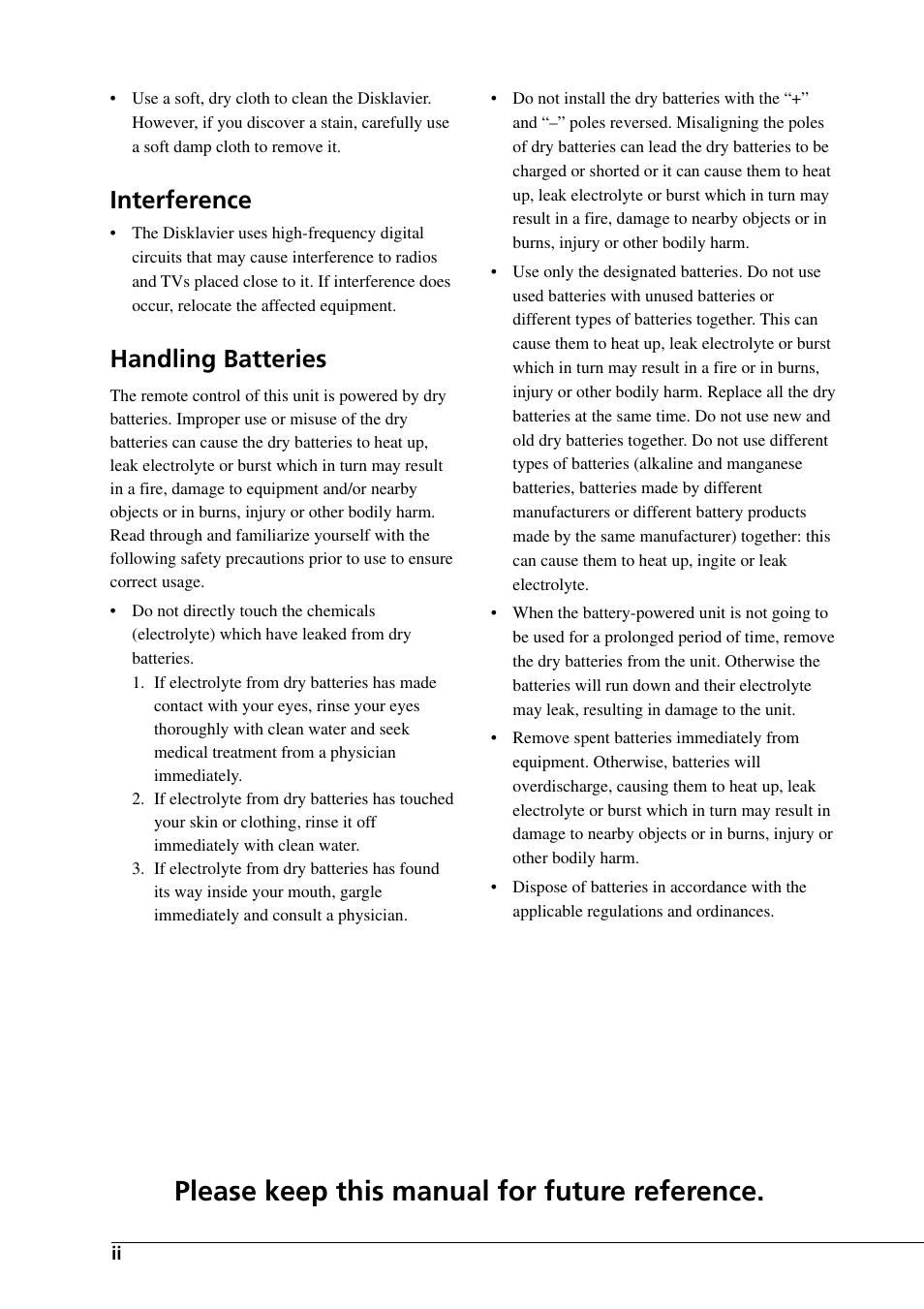 Please keep this manual for future reference, Interference, Handling batteries | Yamaha DGC1B User Manual | Page 10 / 74
