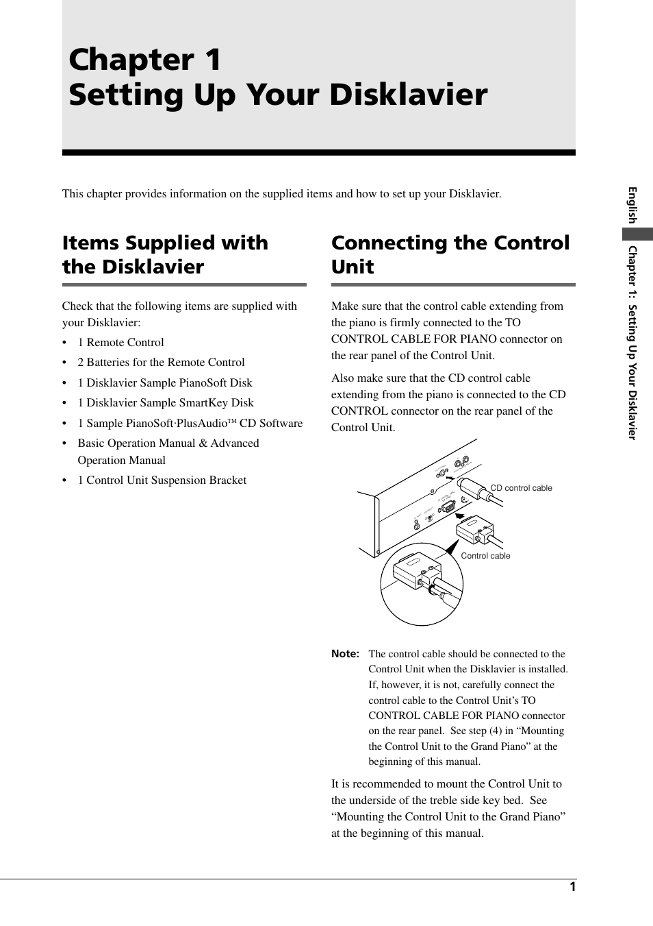 Chapter 1 setting up your disklavier, Items supplied with the disklavier, Connecting the control unit | English chapter 1: setting up y our disklavier | Yamaha DGC1B User Manual | Page 13 / 74