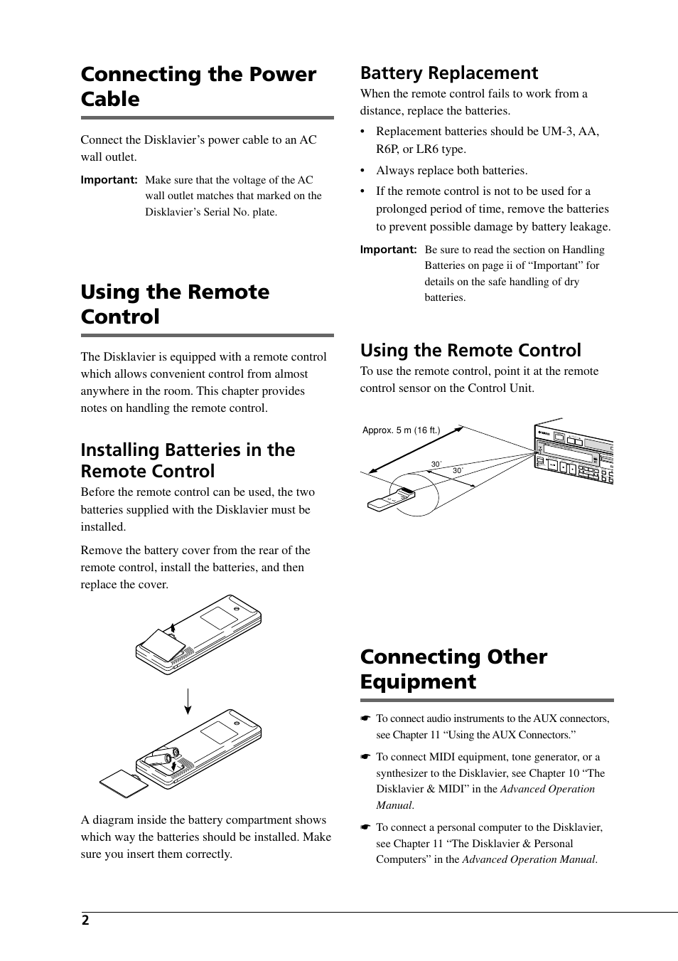 Connecting the power cable, Using the remote control, Connecting other equipment | Installing batteries in the remote control, Battery replacement | Yamaha DGC1B User Manual | Page 14 / 74