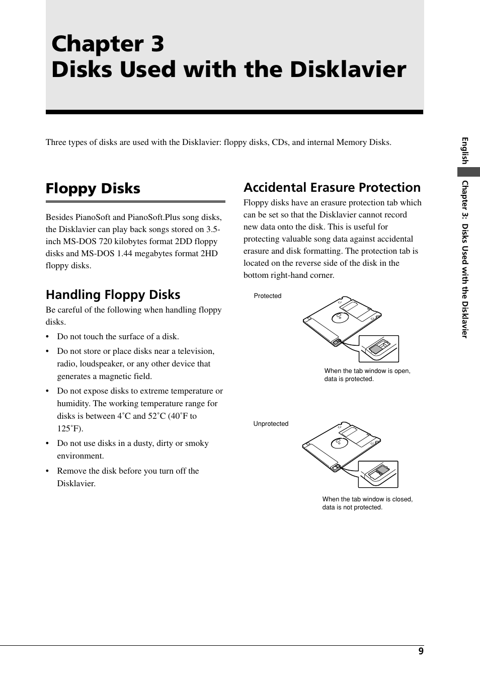 Chapter 3 disks used with the disklavier, Floppy disks, Accidental erasure protection | Handling floppy disks | Yamaha DGC1B User Manual | Page 21 / 74