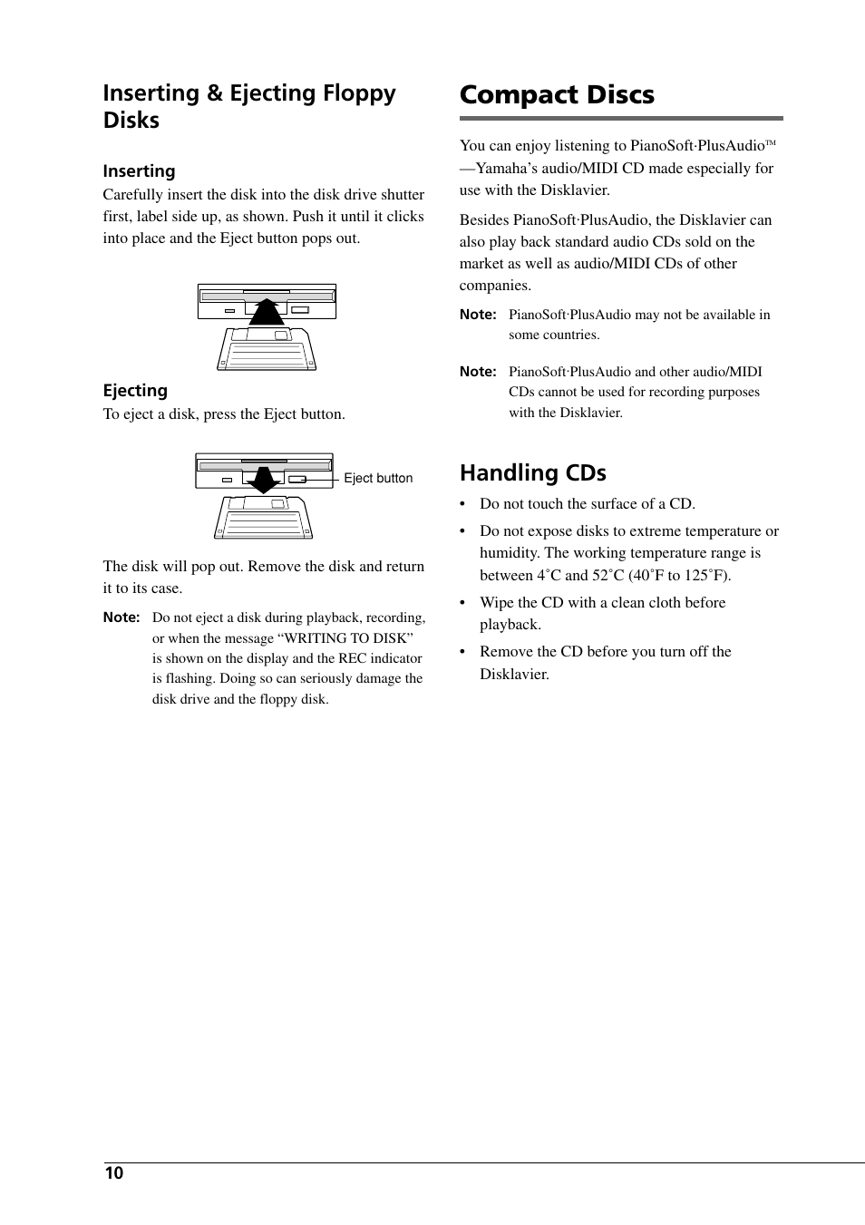 Compact discs, Inserting & ejecting floppy disks, Handling cds | Yamaha DGC1B User Manual | Page 22 / 74