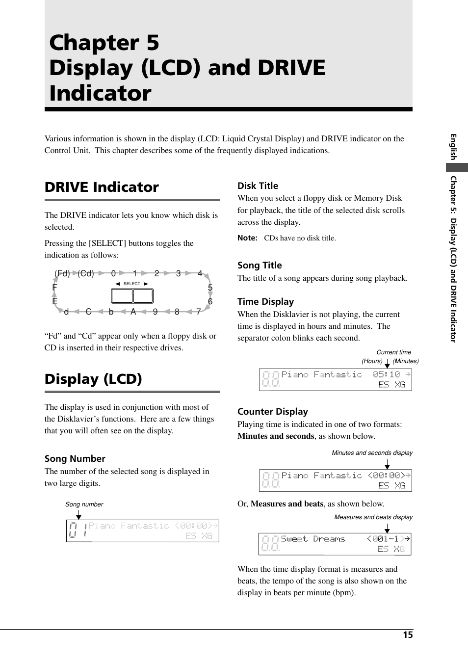 Chapter 5 display (lcd) and drive indicator, Drive indicator, Display (lcd) | Yamaha DGC1B User Manual | Page 27 / 74