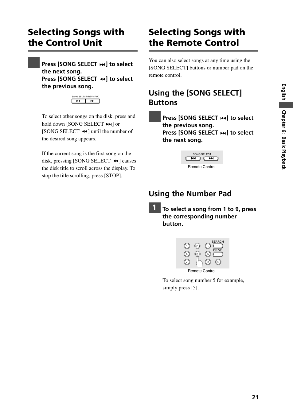 Selecting songs with the control unit, Selecting songs with the remote control, Using the [song select] buttons | Using the number pad 1 | Yamaha DGC1B User Manual | Page 33 / 74