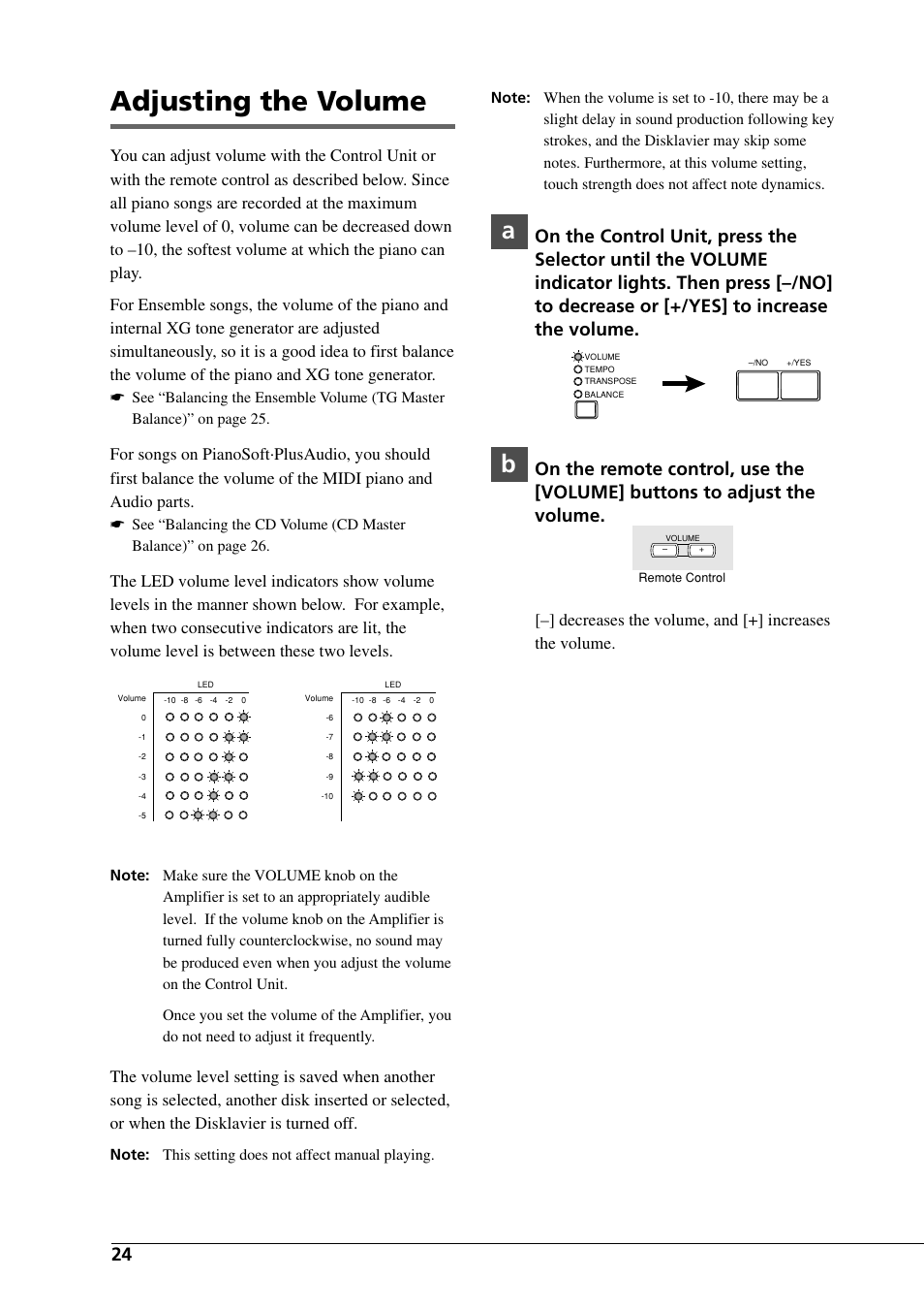 Adjusting the volume, Decreases the volume, and [+] increases the volume | Yamaha DGC1B User Manual | Page 36 / 74