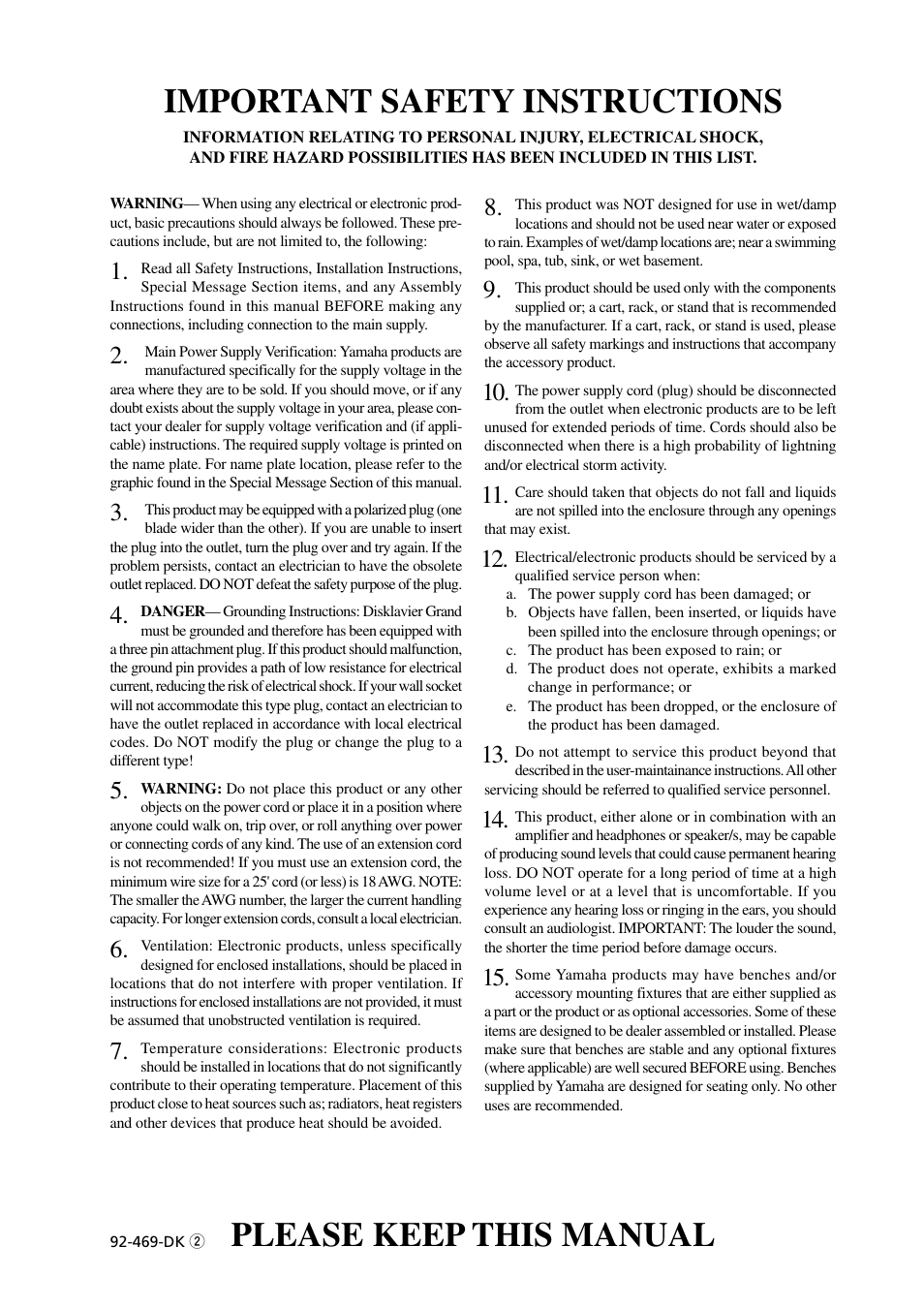 Please keep this manual, Important safety instructions | Yamaha DGC1B User Manual | Page 4 / 74