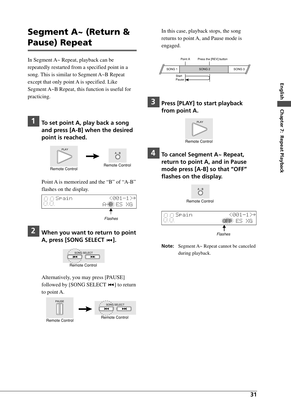 Segment a~ (return & pause) repeat, Press [play] to start playback from point a | Yamaha DGC1B User Manual | Page 43 / 74