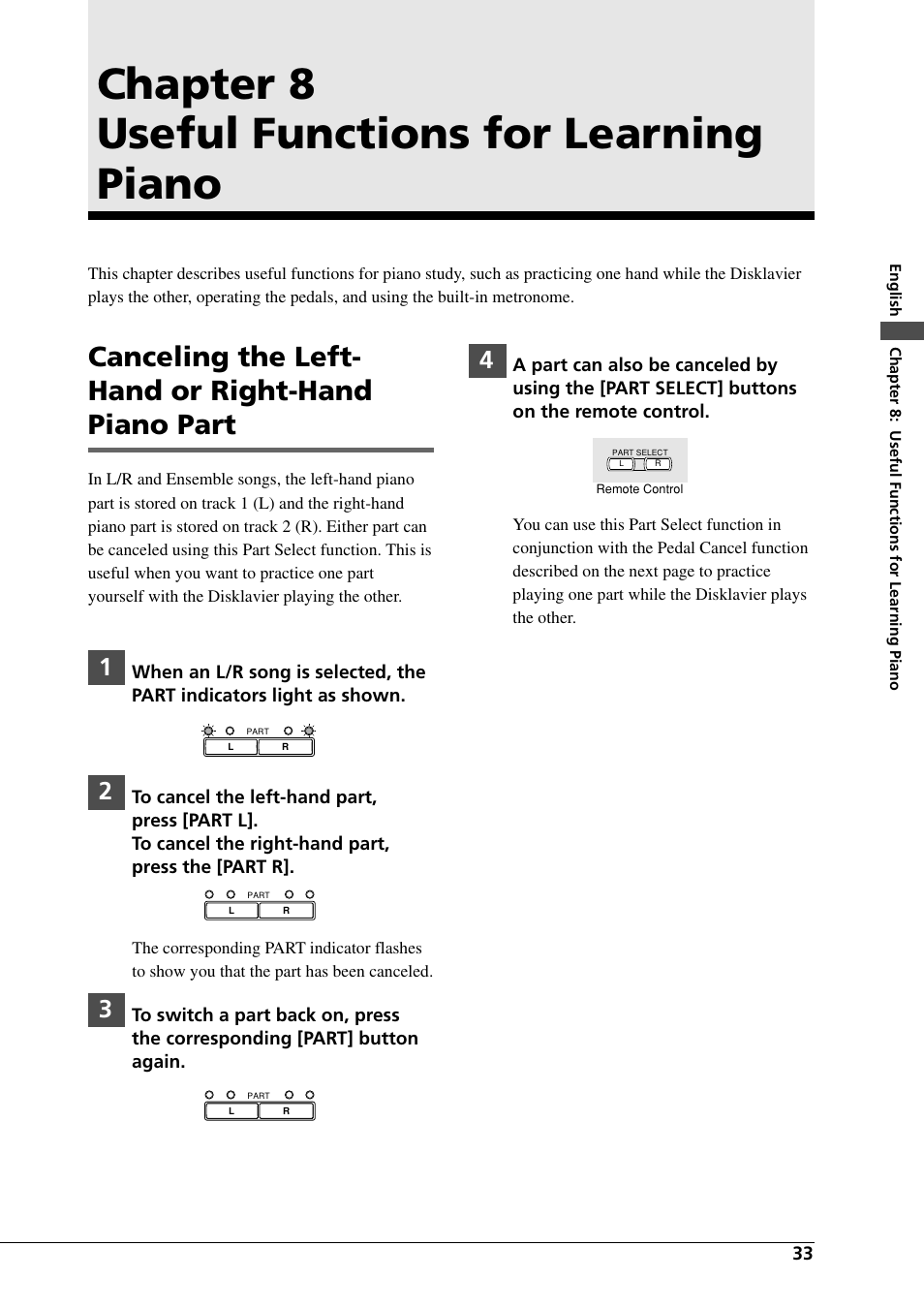Chapter 8 useful functions for learning piano, Canceling the left- hand or right-hand piano part | Yamaha DGC1B User Manual | Page 45 / 74