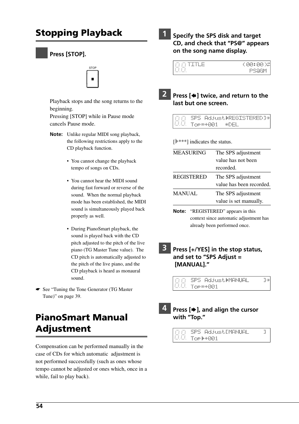 Stopping playback, Pianosmart manual adjustment | Yamaha DGC1B User Manual | Page 66 / 74