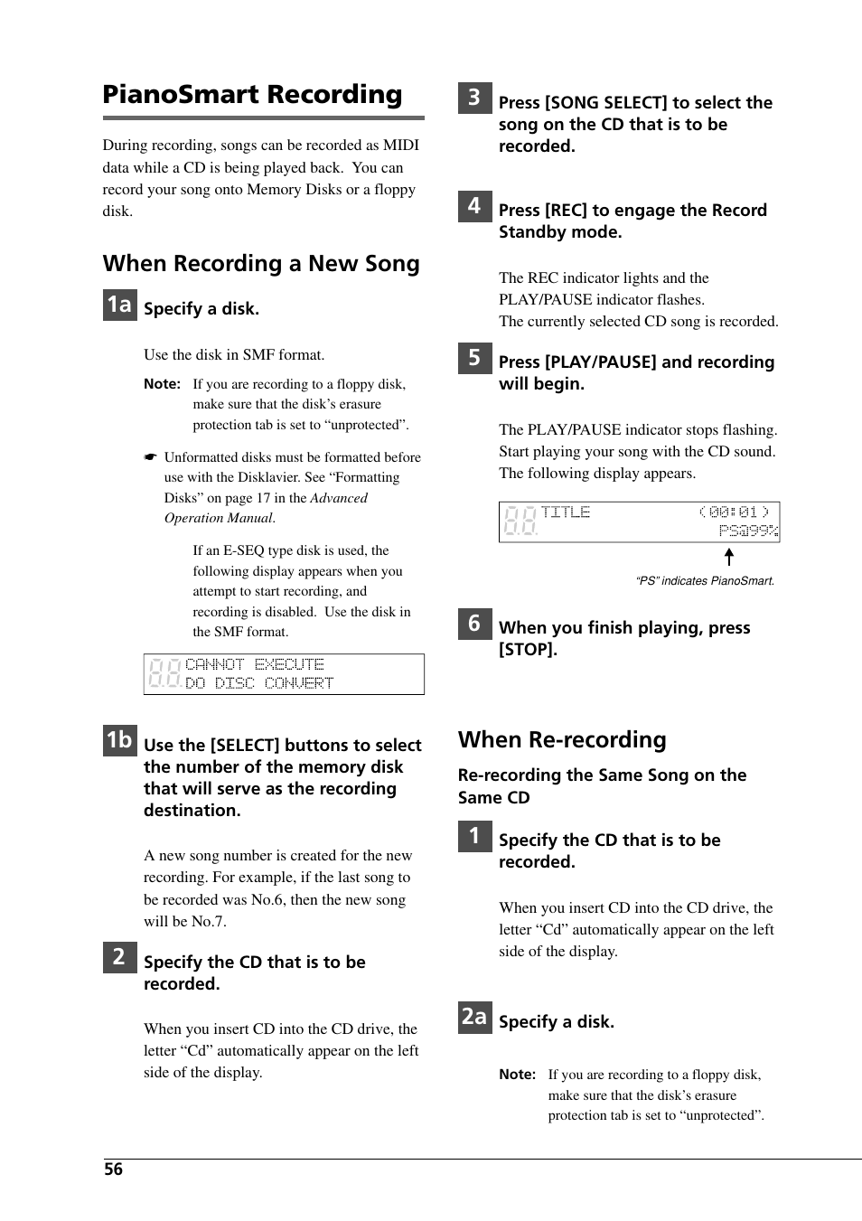 Pianosmart recording, When recording a new song 1a, When re-recording | Yamaha DGC1B User Manual | Page 68 / 74