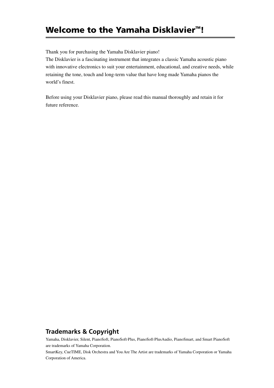 Welcome to the yamaha disklavier, Trademarks & copyright | Yamaha DGC1B User Manual | Page 8 / 74