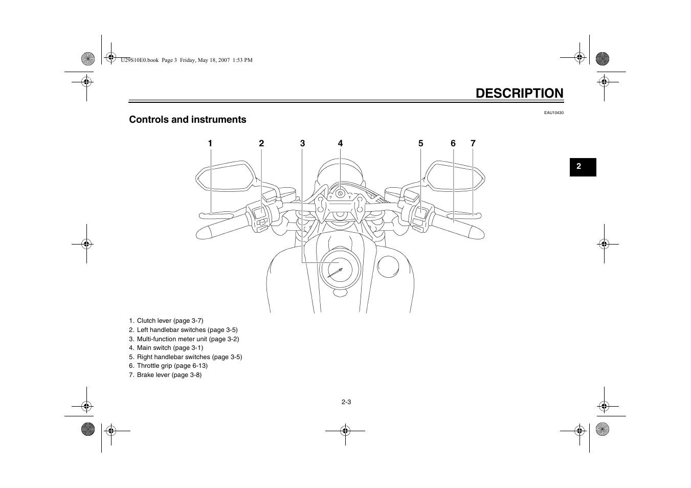 Controls and instruments, Controls and instruments -3, Description | Yamaha STAR XV19CX(C) User Manual | Page 17 / 96