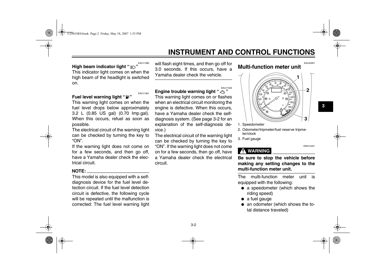 Multi-function meter unit, Multi-function meter unit -2, Instrument and control functions | Yamaha STAR XV19CX(C) User Manual | Page 19 / 96