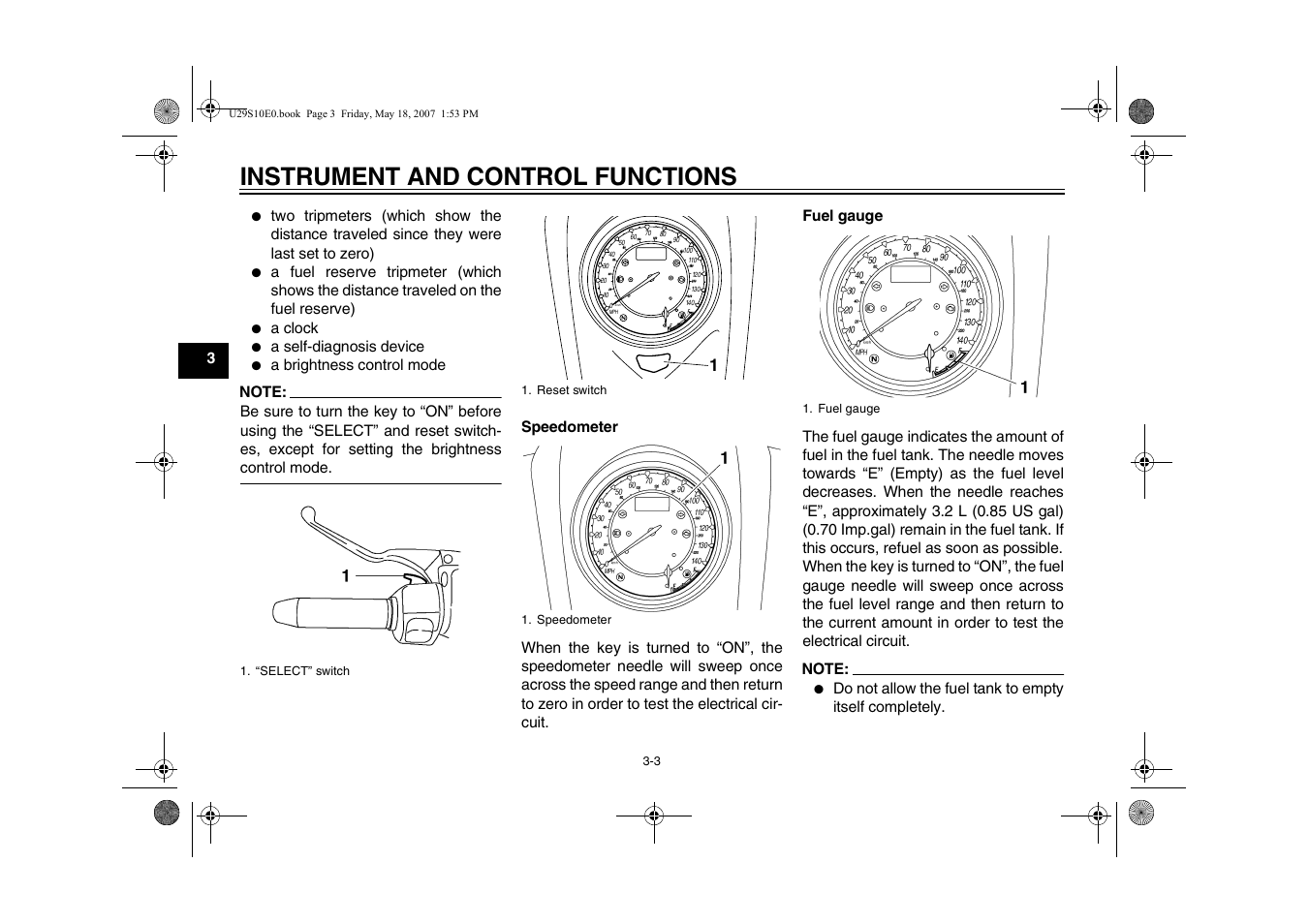 Instrument and control functions, A clock, A self-diagnosis device | Yamaha STAR XV19CX(C) User Manual | Page 20 / 96