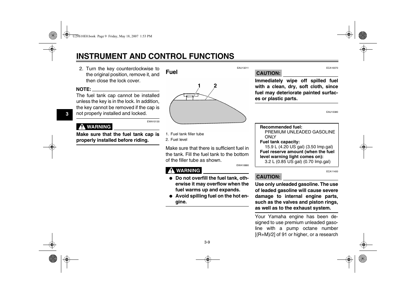 Fuel -9, Instrument and control functions | Yamaha STAR XV19CX(C) User Manual | Page 26 / 96