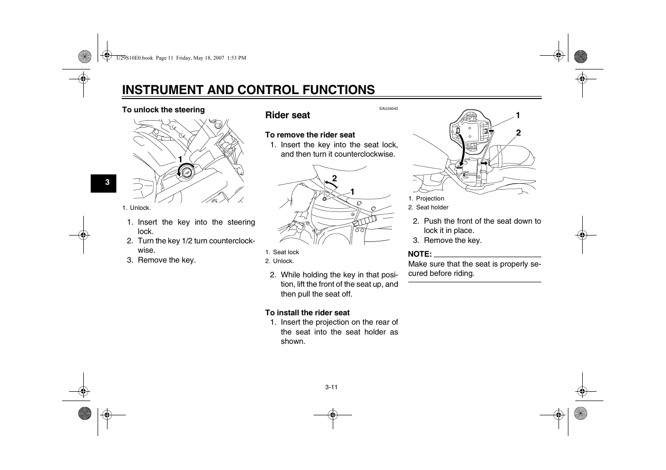 Rider seat -11, Instrument and control functions | Yamaha STAR XV19CX(C) User Manual | Page 28 / 96