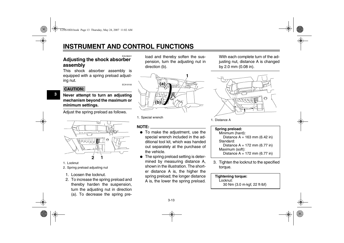 Adjusting the shock absorber, Assembly -13, Instrument and control functions | Yamaha STAR XV19CX(C) User Manual | Page 30 / 96