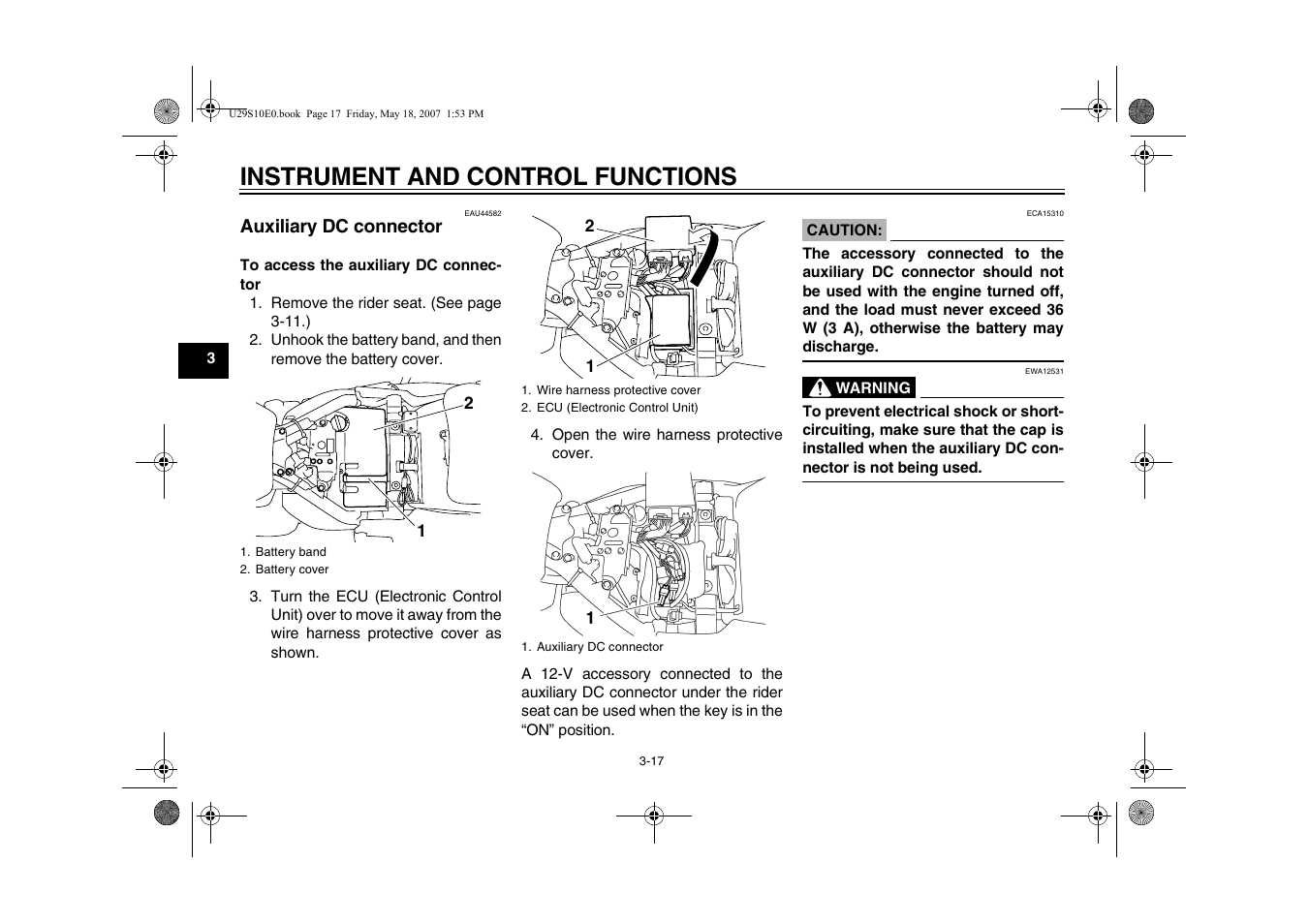 Auxiliary dc connector -17, Instrument and control functions | Yamaha STAR XV19CX(C) User Manual | Page 34 / 96