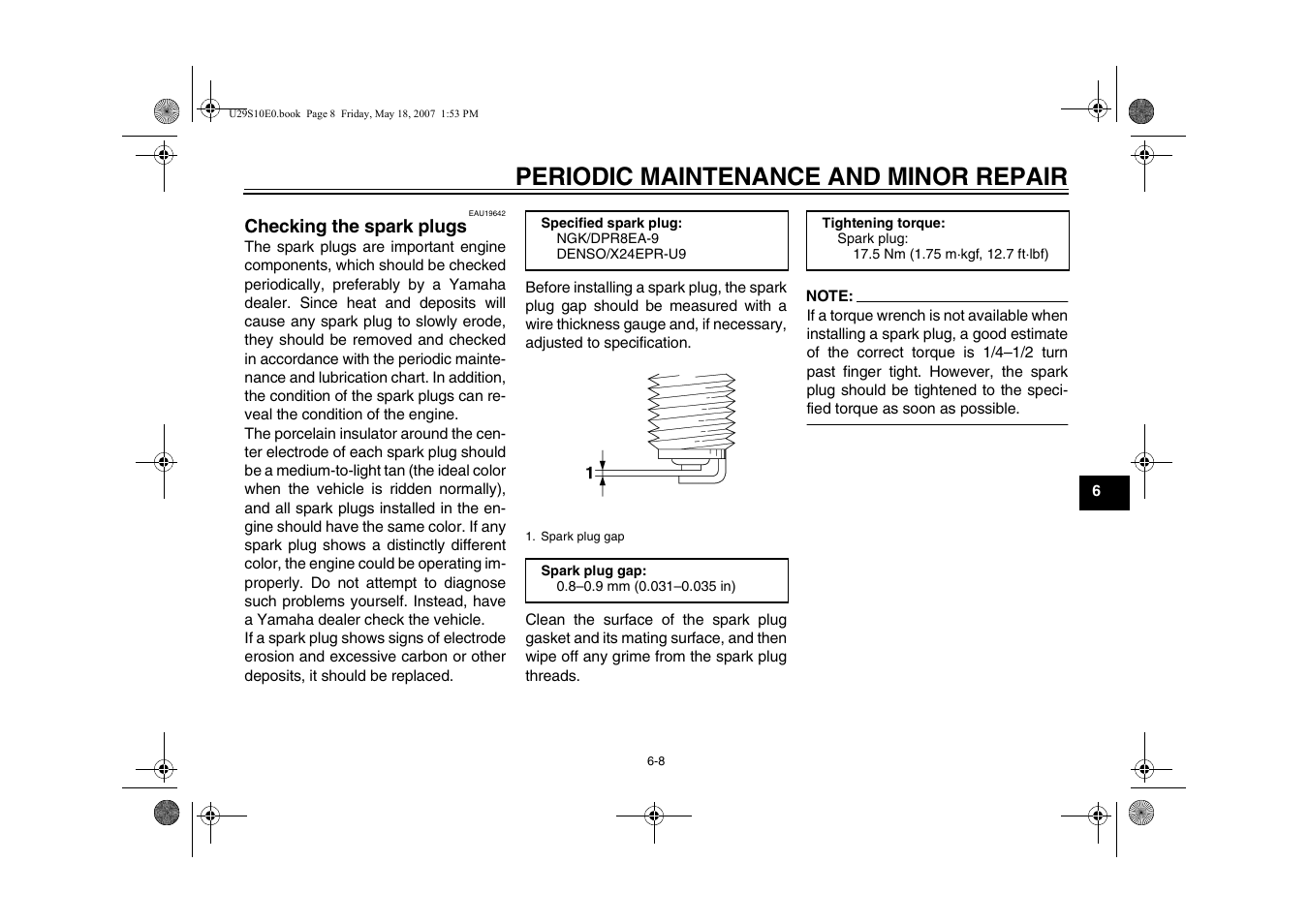 Checking the spark plugs -8, Periodic maintenance and minor repair | Yamaha STAR XV19CX(C) User Manual | Page 49 / 96