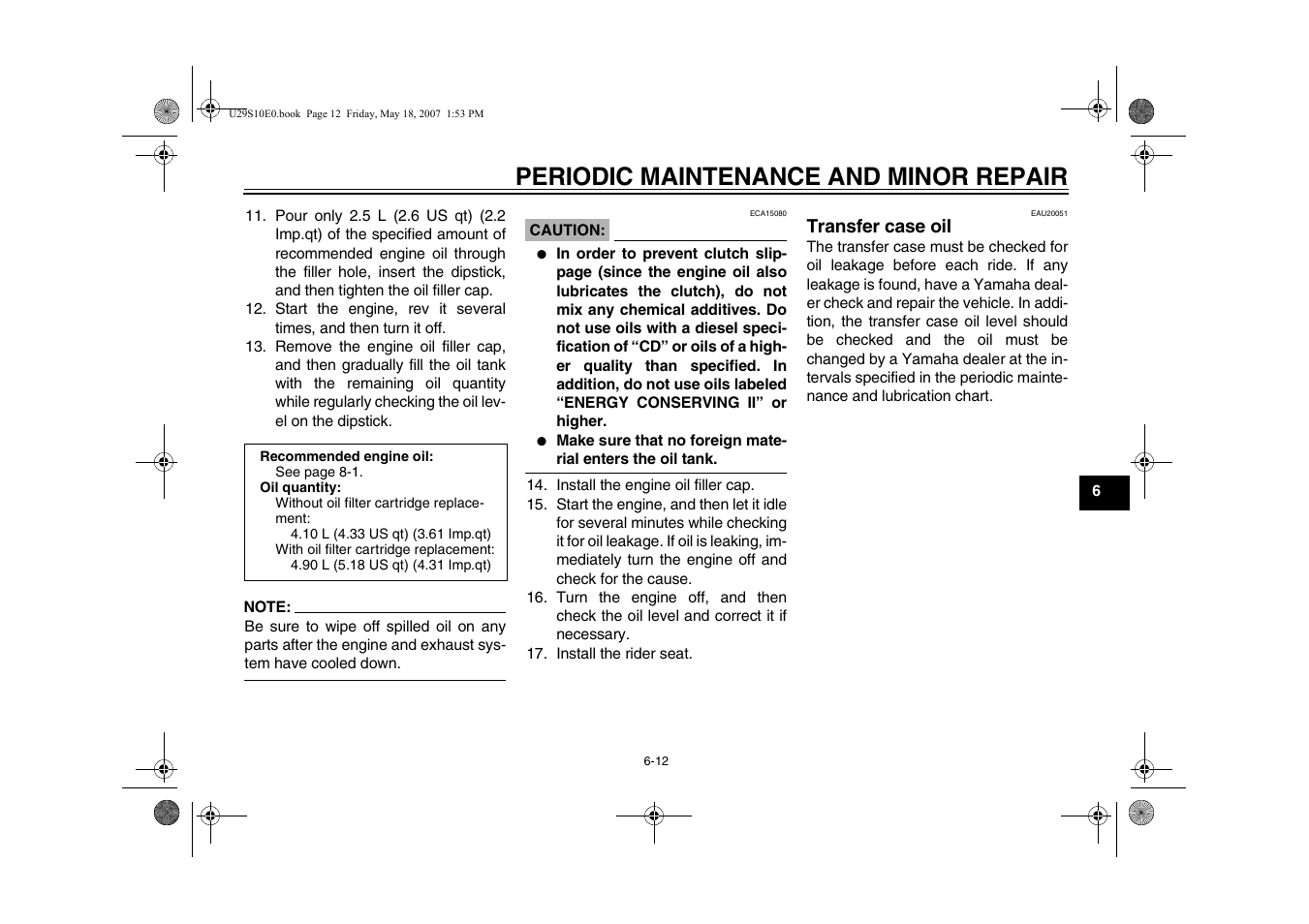 Transfer case oil -12, Periodic maintenance and minor repair | Yamaha STAR XV19CX(C) User Manual | Page 53 / 96