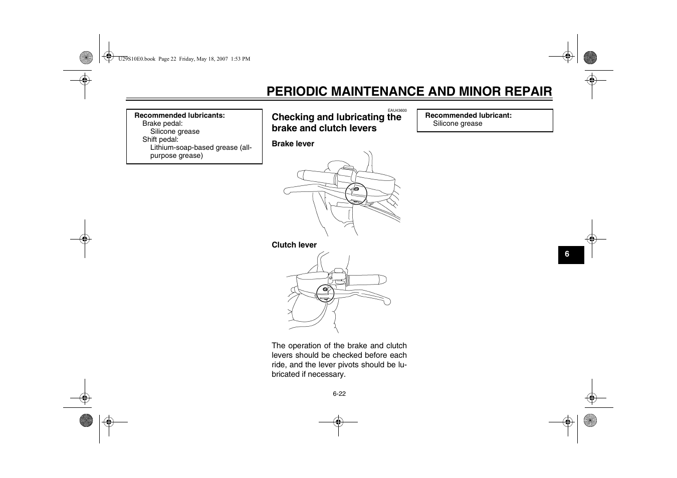 Checking and lubricating, The brake and clutch levers -22, Periodic maintenance and minor repair | Yamaha STAR XV19CX(C) User Manual | Page 63 / 96