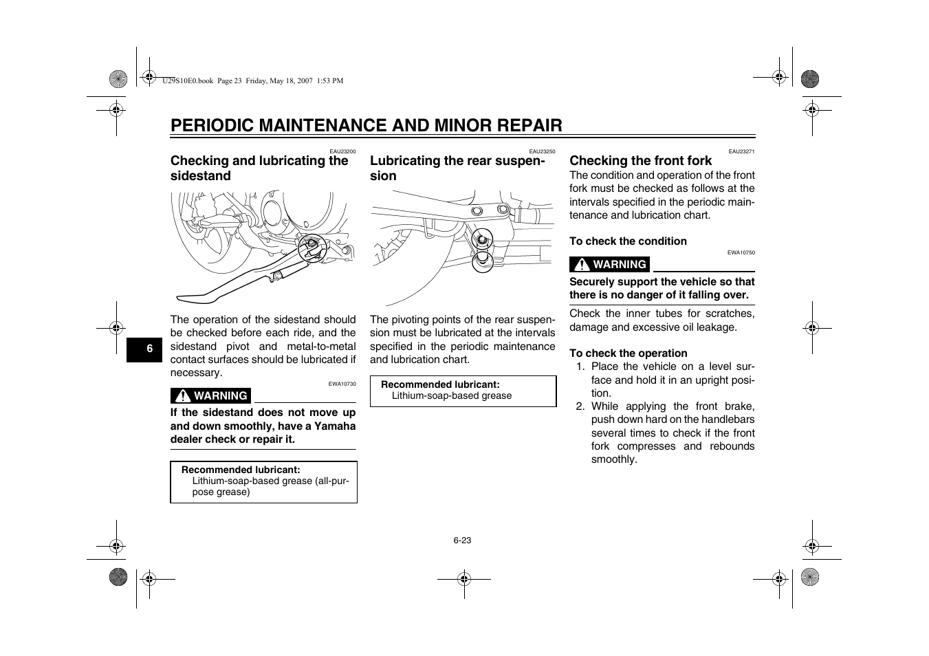 Checking and lubricating, The sidestand -23, Periodic maintenance and minor repair | Yamaha STAR XV19CX(C) User Manual | Page 64 / 96