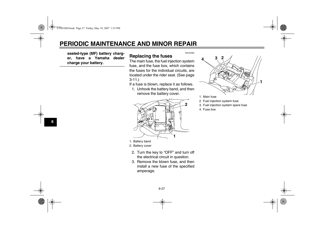 Replacing the fuses -27, Age 6-27, Periodic maintenance and minor repair | Yamaha STAR XV19CX(C) User Manual | Page 68 / 96