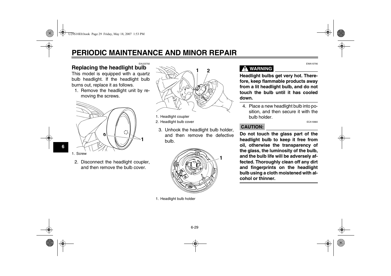 Replacing the headlight bulb -29, Periodic maintenance and minor repair | Yamaha STAR XV19CX(C) User Manual | Page 70 / 96