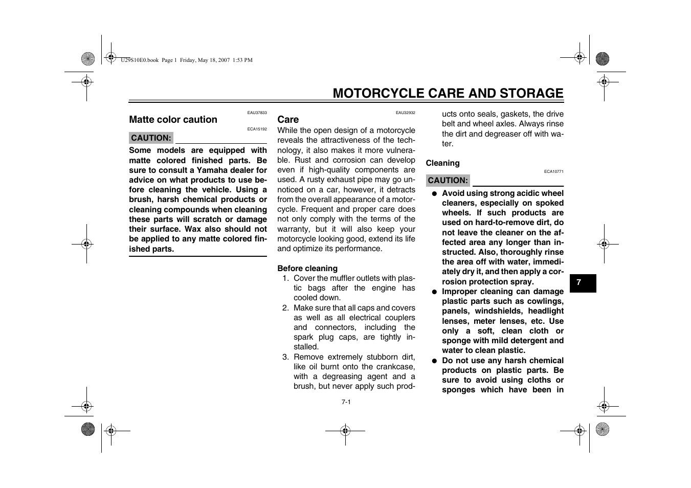 Motorcycle care and storage, Matte color caution -1 care -1 | Yamaha STAR XV19CX(C) User Manual | Page 75 / 96