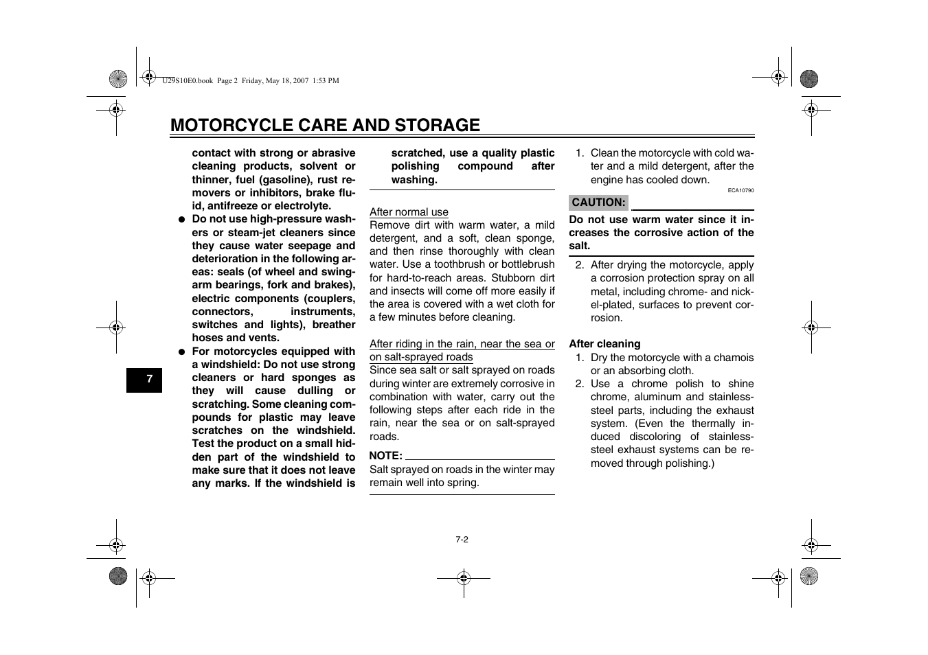 Motorcycle care and storage | Yamaha STAR XV19CX(C) User Manual | Page 76 / 96