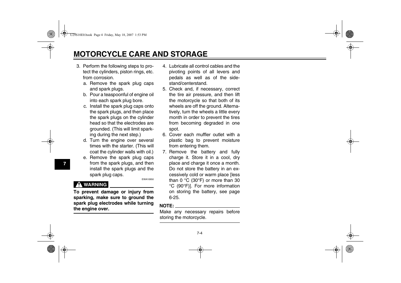 Motorcycle care and storage | Yamaha STAR XV19CX(C) User Manual | Page 78 / 96