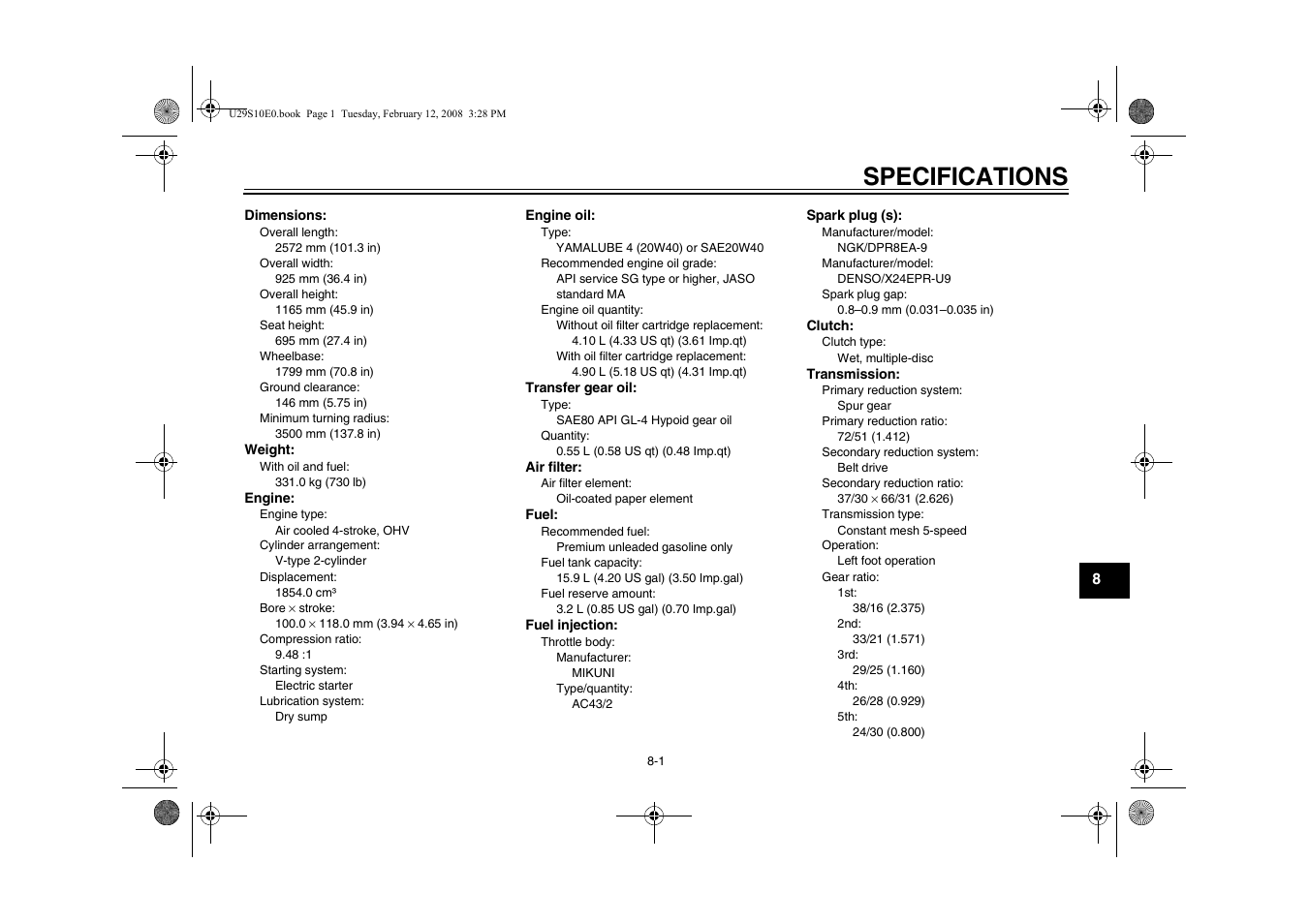 Specifications | Yamaha STAR XV19CX(C) User Manual | Page 79 / 96