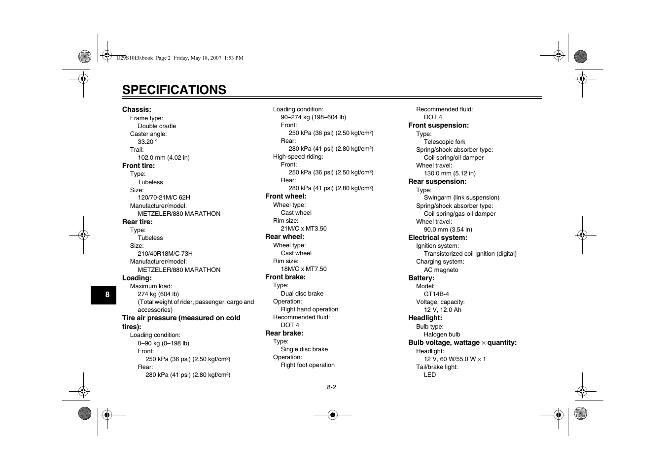 Specifications | Yamaha STAR XV19CX(C) User Manual | Page 80 / 96