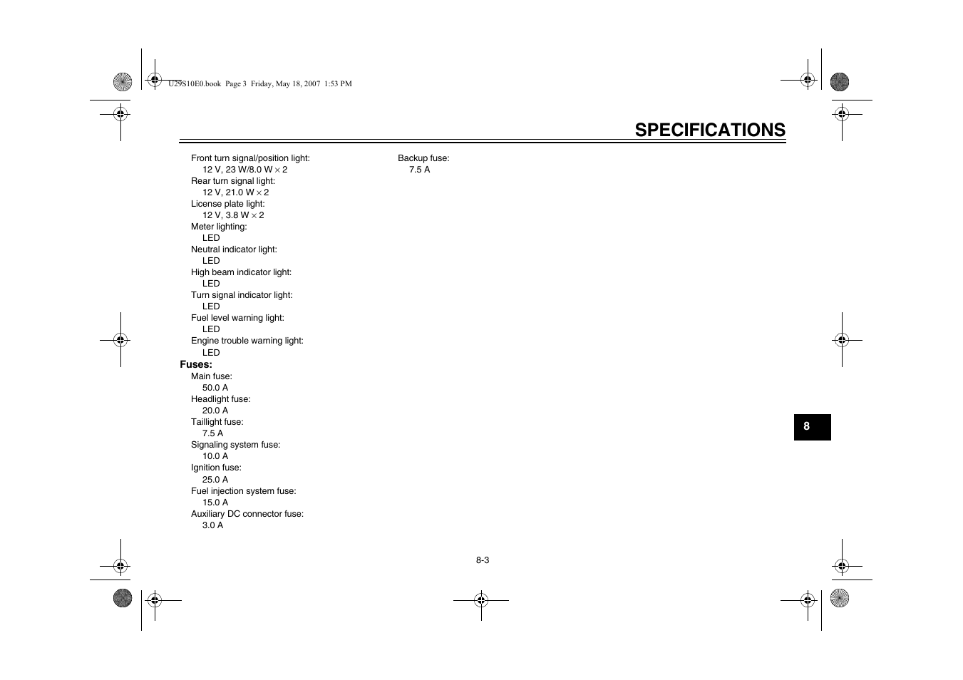 Specifications | Yamaha STAR XV19CX(C) User Manual | Page 81 / 96