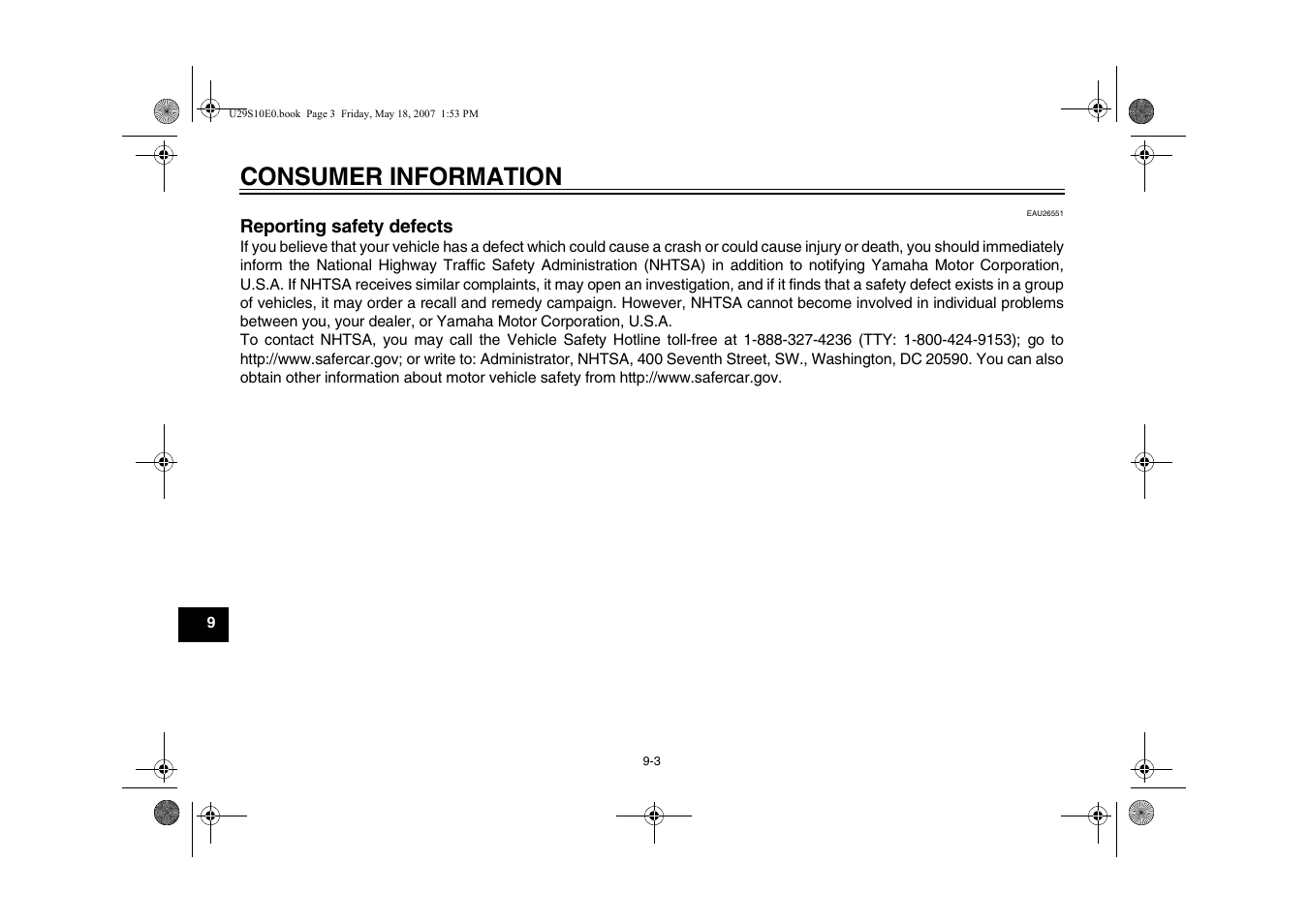 Reporting safety defects -3, Consumer information | Yamaha STAR XV19CX(C) User Manual | Page 84 / 96