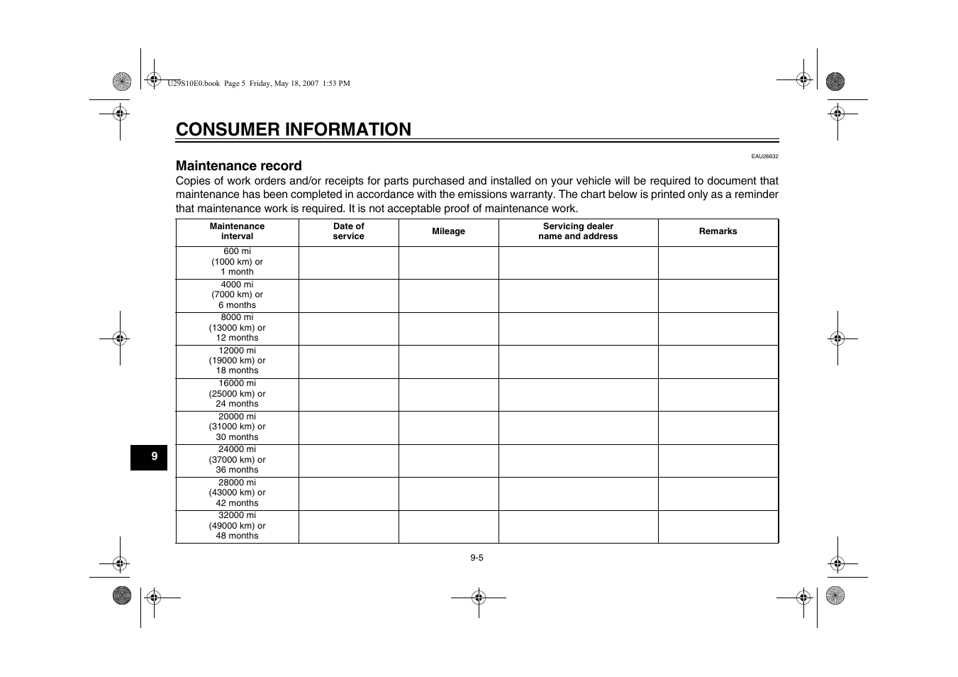 Maintenance record -5, Consumer information, Maintenance record | Yamaha STAR XV19CX(C) User Manual | Page 86 / 96